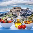 Famous Acropolis with Greek salad in Athens, Greece